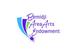 Artistic logo for Bemidji Area Arts Endowment. A fan made of blue, purple, and green lines around purple text.